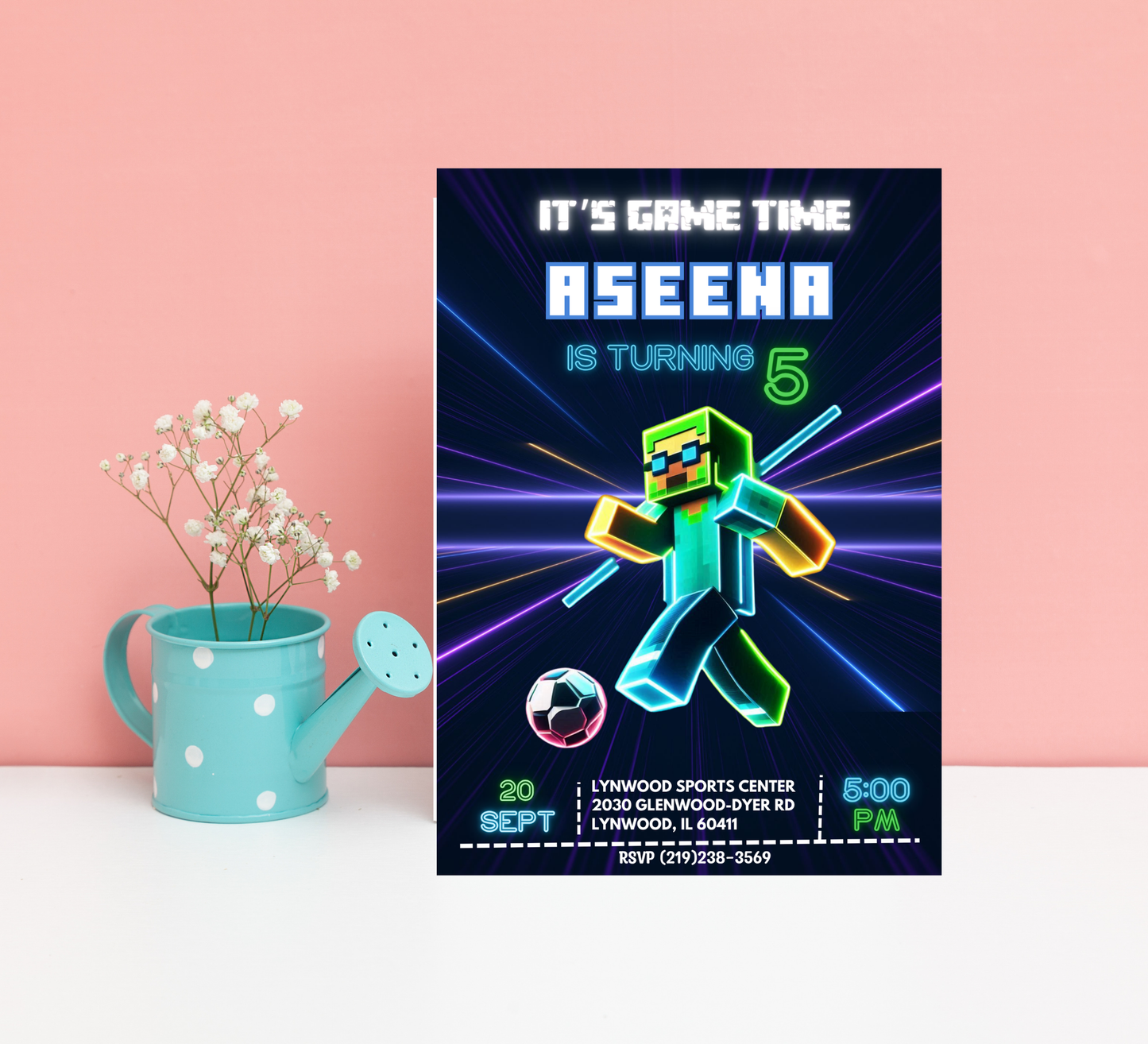 Minecraft Neon Football Invite | Boy’s Soccer Birthday Canva Template