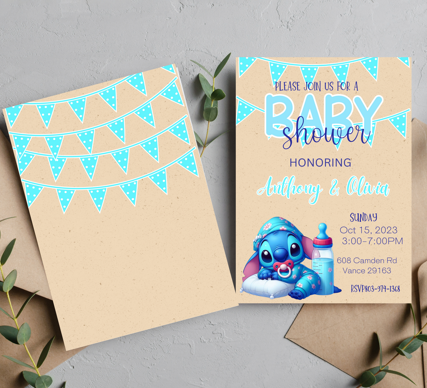 Stitch Blue Baby Shower Invitation | Editable Canva Template | Boy Baby Shower Invite | Printable Baby Shower Announcement