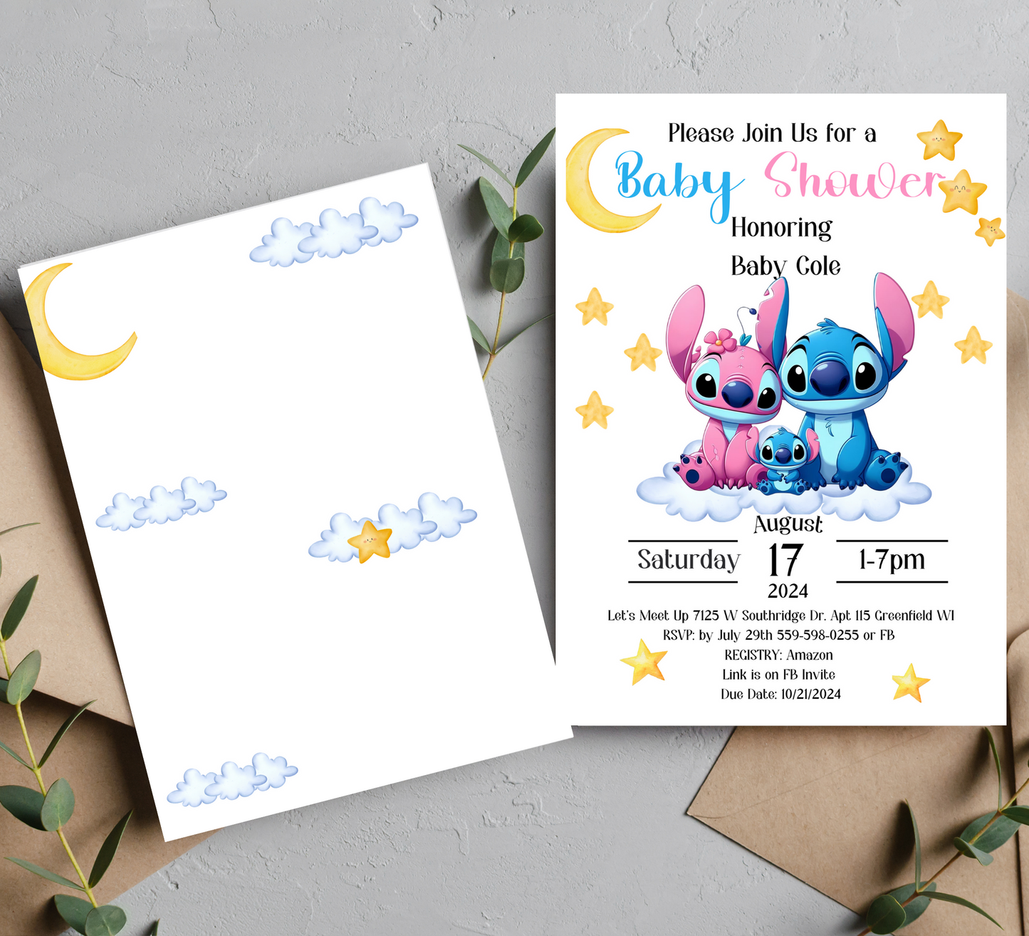 Stitch and Angel Baby Shower Invitation | Cute Blue & Pink Baby Shower Invite | Editable Canva Template | Gender Neutral Baby Shower Invitation