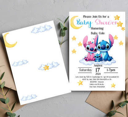 Stitch and Angel Baby Shower Invitation | Cute Blue & Pink Baby Shower Invite | Editable Canva Template | Gender Neutral Baby Shower Invitation