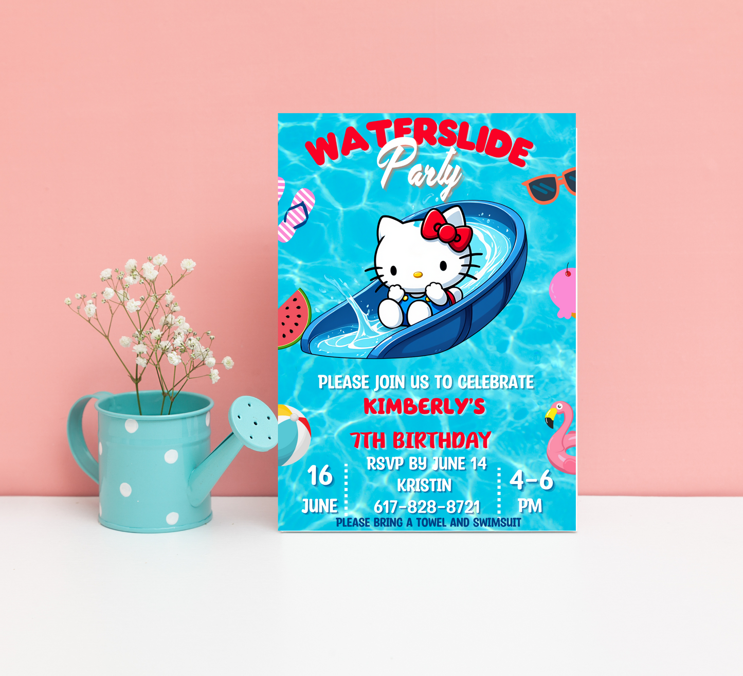Hello Kitty Pool Waterslide Birthday Invitation | Editable Canva Template | Kawaii Summer Slide & Splash Party Invite | Printable Girls Birthday Invitation