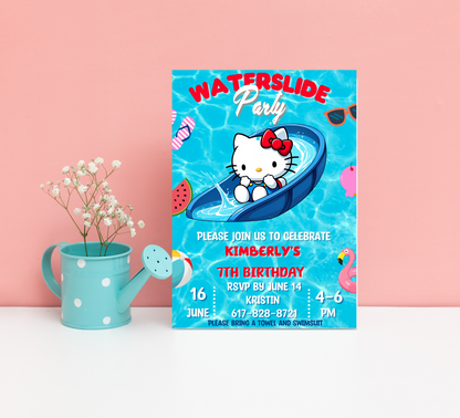 Hello Kitty Pool Waterslide Birthday Invitation | Editable Canva Template | Kawaii Summer Slide & Splash Party Invite | Printable Girls Birthday Invitation