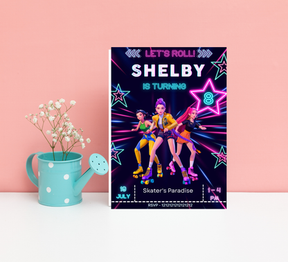 K-Pop Demos Neon Roller Skating Birthday Invitation | Glow Party Skate Invite | Editable Canva Template | K-Pop Birthday Printable