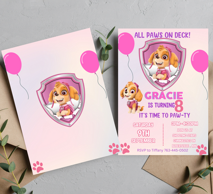 Paw Patrol Skye Pink Birthday Invitation | Editable Canva Template | Girls Paw Patrol Party Invite | Printable Kids Birthday Invitation