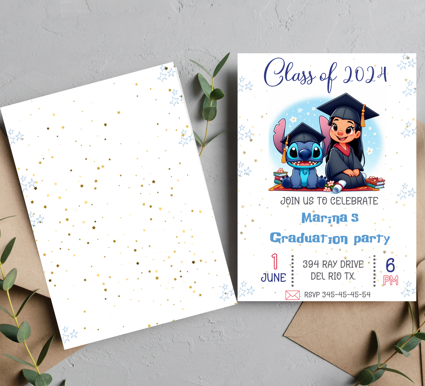 Stitch & Lilo Graduation Invitation | Kindergarten & School Celebration | Editable Canva Template