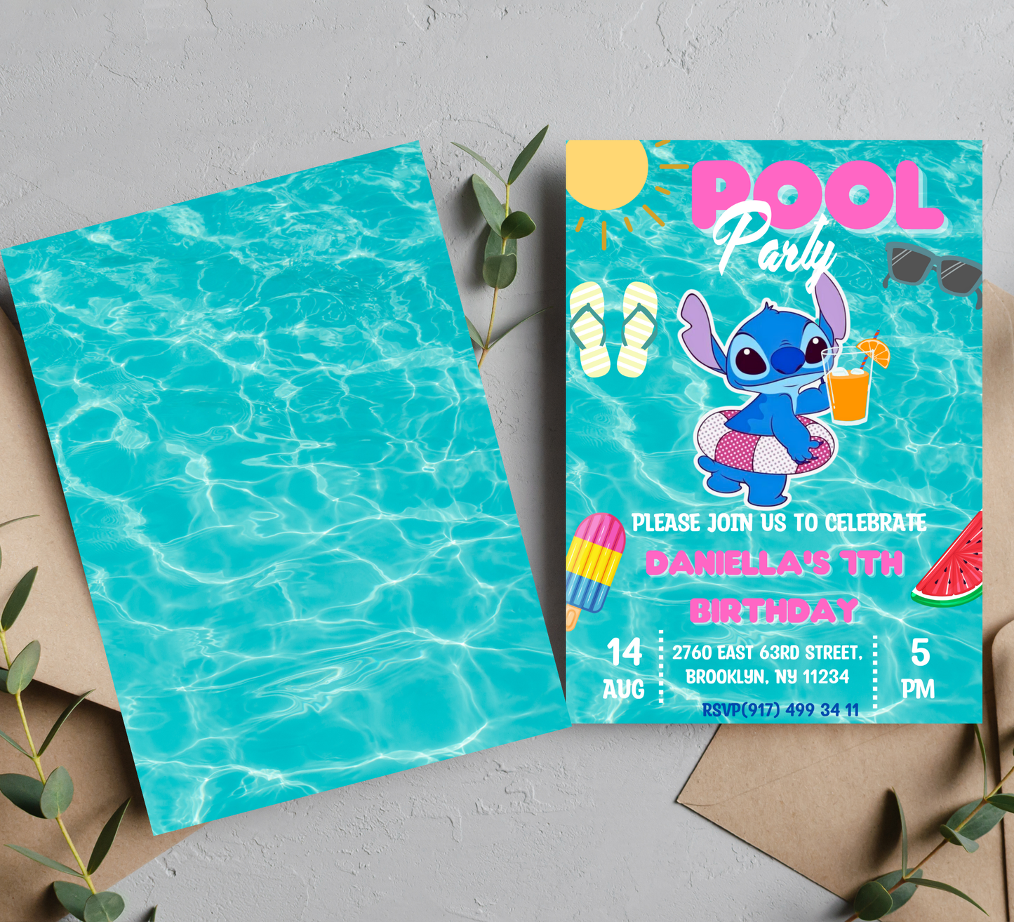 Stitch Pool Birthday Invitation | Tropical Swim Party Invite | Editable Canva Template