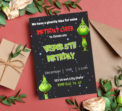 Grinch Birthday Christmas Invitation | Grinchmas Holiday Party Invite | Editable Template