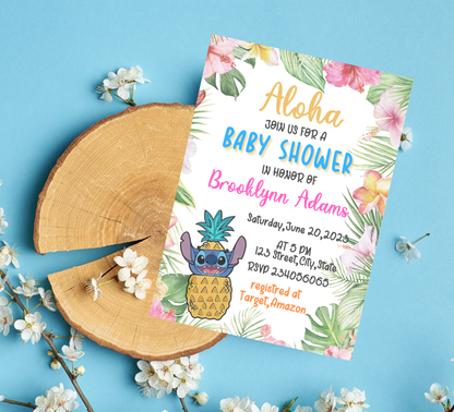 Stitch Aloha Baby Shower Invitation | Tropical Hawaii Luau Theme | Editable Canva Template