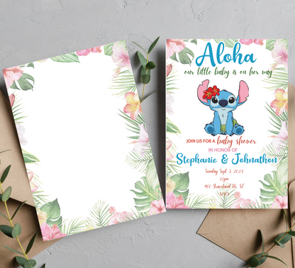 Stitch Blue Tropical Aloha Baby Shower Invitation | Editable Canva Template | Hawaiian Baby Shower Invite | Printable Island Theme Baby Shower