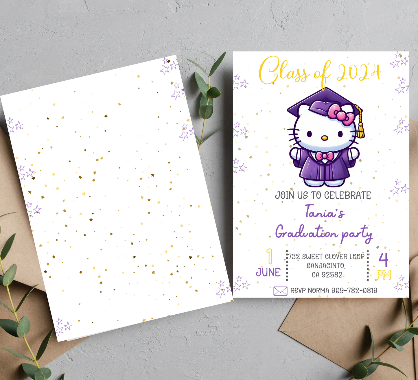 Hello Kitty Purple Graduation Invitation | Kindergarten & Preschool School Invite | Editable Canva Template |