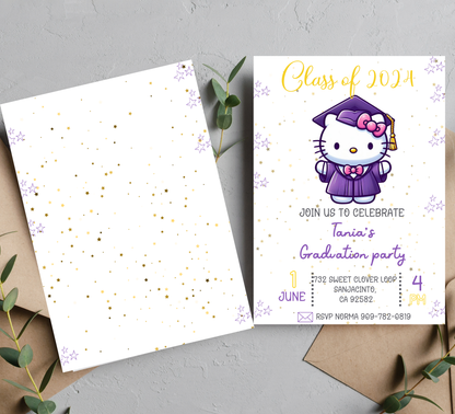 Hello Kitty Purple Graduation Invitation | Kindergarten & Preschool School Invite | Editable Canva Template |