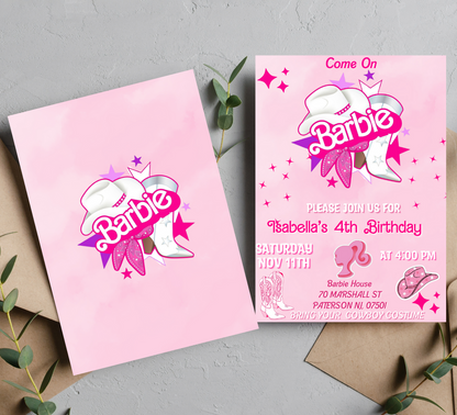 Barbie Cowgirl Pink Birthday Invitation | Western Barbie Party Invite | Editable Canva Template | Cowgirl Theme Birthday Printable