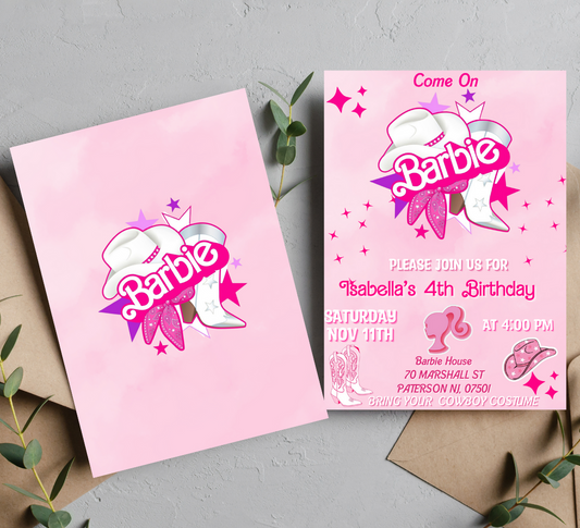 Barbie Cowgirl Pink Birthday Invitation | Western Barbie Party Invite | Editable Canva Template | Cowgirl Theme Birthday Printable