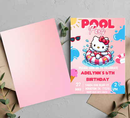 Hello Kitty Pink Pool Birthday Invitation | Kawaii Summer Swim Party | Editable Canva Template