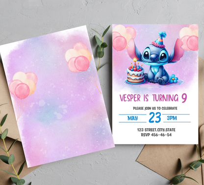 Stitch Watercolor Purple Birthday Invitation | Cute Kawaii Party Invite | Editable Canva Template