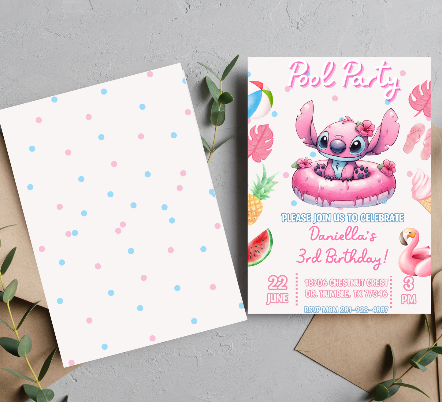 Stitch & Angel Pink Watercolor Pool Birthday Invitation | Cute Summer Swim Party Invite | Editable Canva Template | Pastel Printable