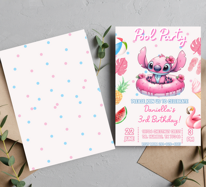 Stitch & Angel Pink Watercolor Pool Birthday Invitation | Cute Summer Swim Party Invite | Editable Canva Template | Pastel Printable