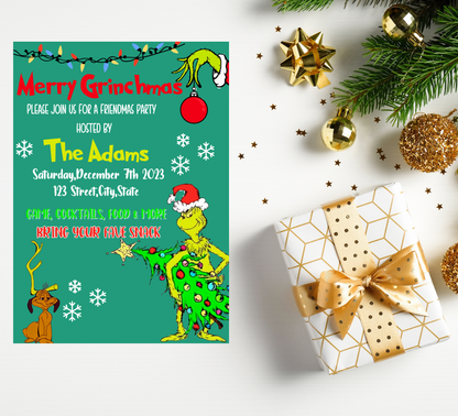 Grinch Green Christmas Invitation | Merry Grinchmas Holiday Party Invite | Editable Template