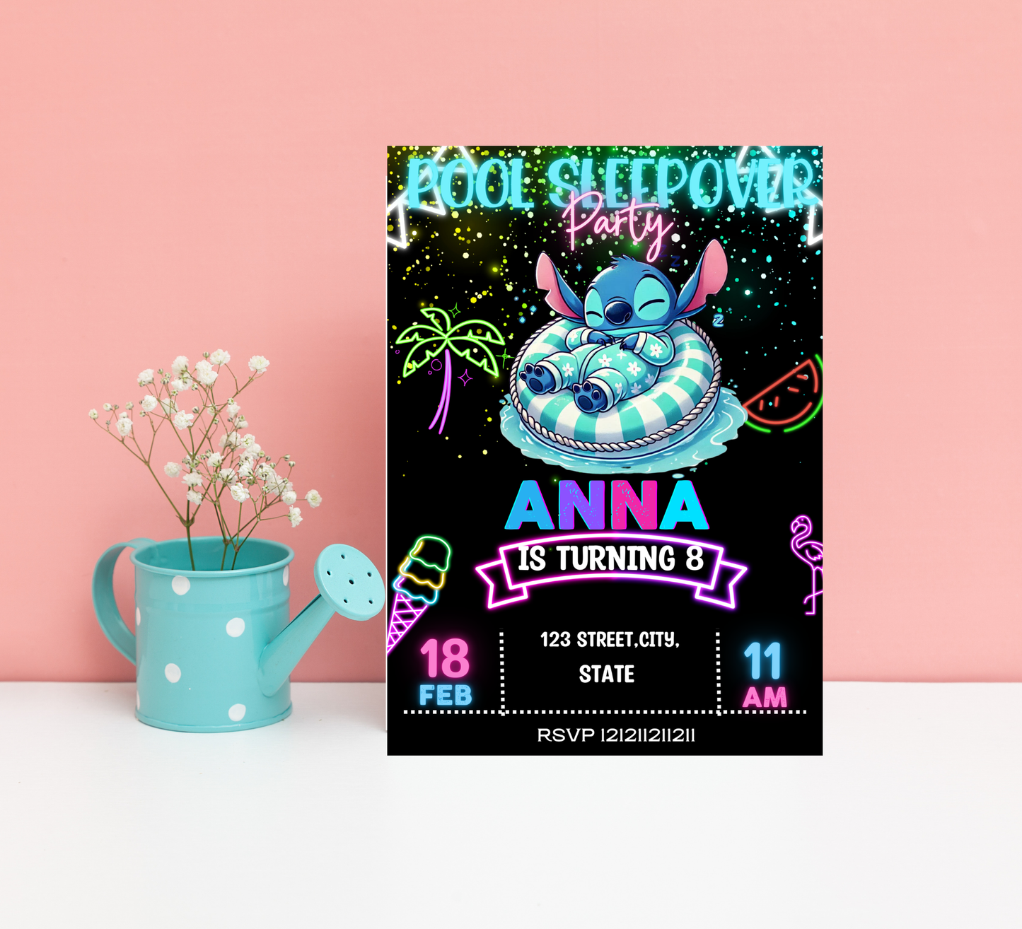 Neon Stitch Pool Party & Sleepover Invitation | Glow in the Dark Birthday | Editable Canva Template | Tropical Night Swim Invite