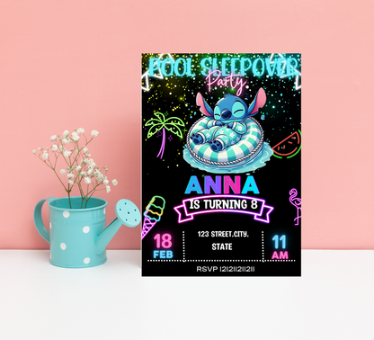 Neon Stitch Pool Party & Sleepover Invitation | Glow in the Dark Birthday | Editable Canva Template | Tropical Night Swim Invite