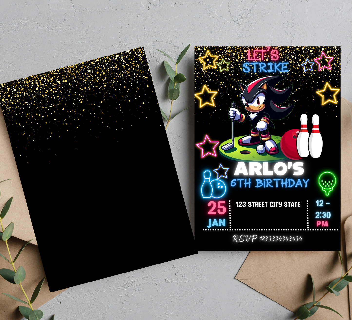 Sonic & Shadow Neon Golf & Bowling Birthday Invitation | Glow Party Invite | Editable Canva Template | Sonic Gaming Birthday Printable