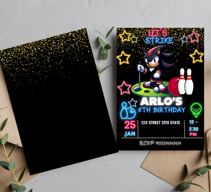 Sonic & Shadow Neon Golf & Bowling Birthday Invitation | Glow Party Invite | Editable Canva Template | Sonic Gaming Birthday Printable