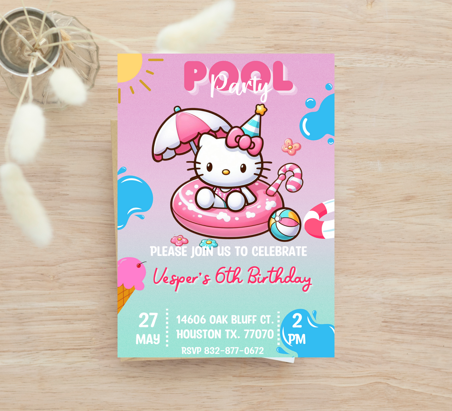 Hello Kitty Pool Gradient Birthday Invitation | Kawaii Summer Swim Party Invite | Editable Canva Template | Printable Girls Birthday Invitation