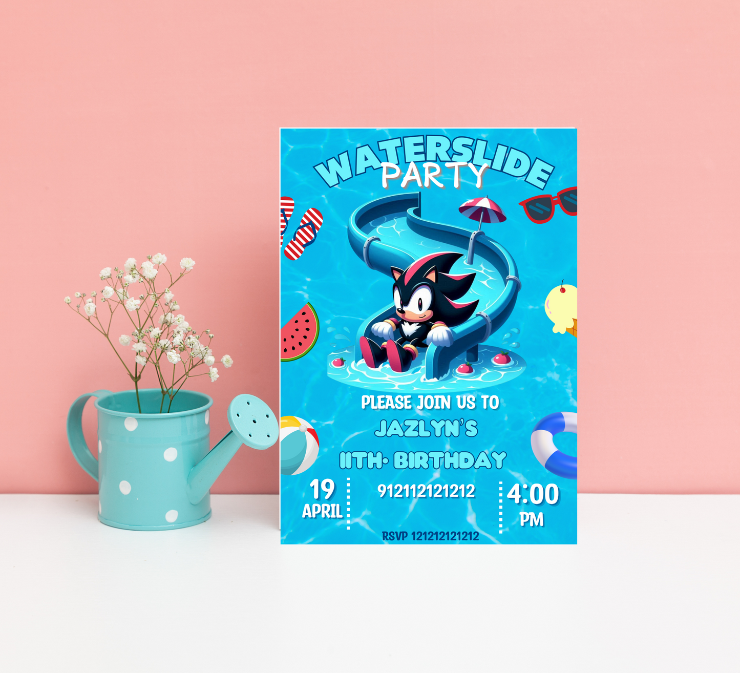 Shadow & Sonic Waterslide Pool Birthday Invitation | Neon Summer Party Invite | Editable Canva Template | Sonic Pool Birthday Printable