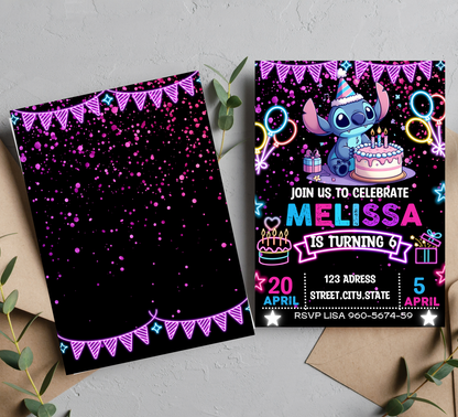 Stitch Neon Glow Birthday Invite | Kids Retro Glow Party Canva Template ⚡️🎨
