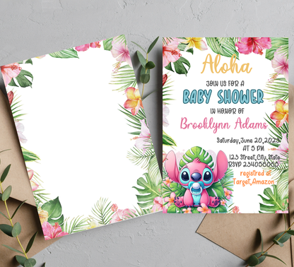 Stitch Pink Tropical Baby Shower Invitation | Cute Angel & Stitch Editable Canva Template