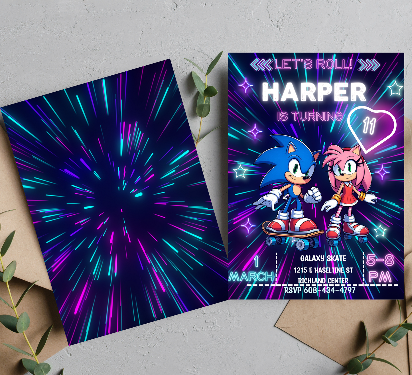 Sonic Shadow Amy Roller Skating Invite | Cute Neon Glow Rink Birthday Canva Template