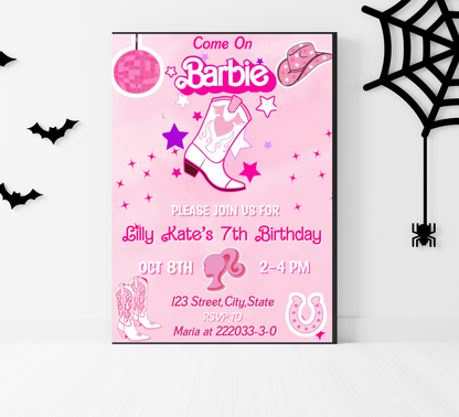 Barbie Cowboy Pink Birthday Invitation | Editable Canva Template | Kawaii Western Party Invite | Printable Girls Birthday Invitation