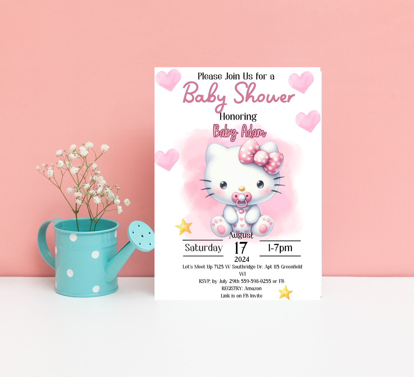 Hello Kitty Pink Baby Shower Invitation | Watercolor Baby Shower Invite | Editable Canva Template | Cute Kawaii Printable Invitation