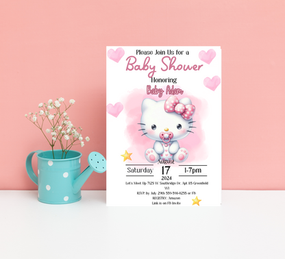 Hello Kitty Pink Baby Shower Invitation | Watercolor Baby Shower Invite | Editable Canva Template | Cute Kawaii Printable Invitation