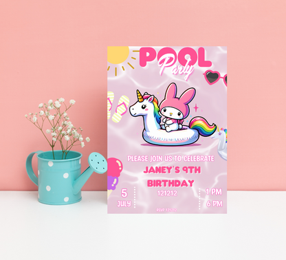 My Melody Unicorn Pool Birthday Invitation | Kawaii Pink Summer Party Invite | Editable Canva Template | Cute Sanrio Pool Birthday Printable