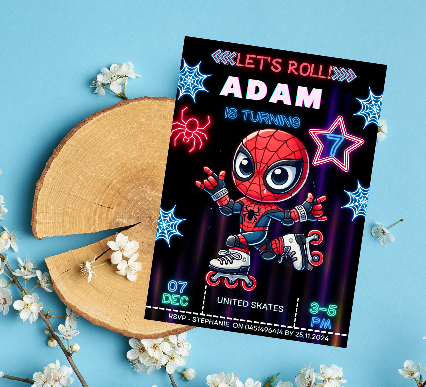 Spider-Man Roller Skating Neon Birthday Invitation | Editable Canva Template | Glow Party Kids Birthday Invite | Printable Superhero Party Invitation