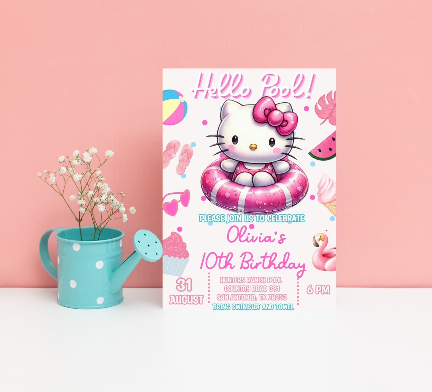 Hello Kitty Watercolor Pool Birthday Invitation | Editable Canva Template | Kawaii Summer Swim Party Invite | Printable Girls Birthday Invitation