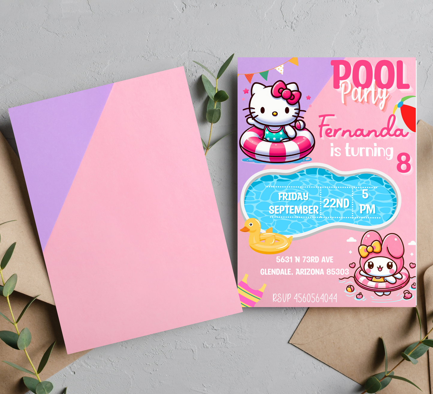Hello Kitty & My Melody Kawaii Pool Party Birthday Invitation | Editable Canva Template | Cute Summer Swim Invite | Printable Girls Birthday Invitation