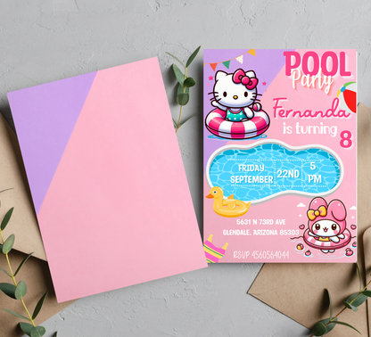 Hello Kitty & My Melody Kawaii Pool Party Birthday Invitation | Editable Canva Template | Cute Summer Swim Invite | Printable Girls Birthday Invitation