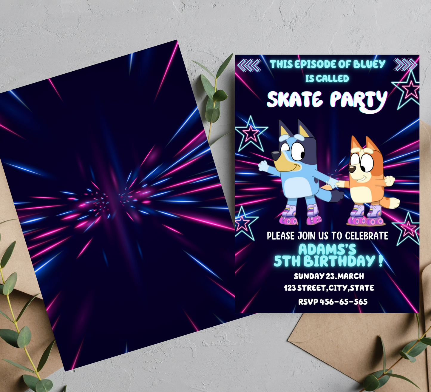 Bluey Neon Roller Skating Birthday Invitation | Editable Canva Template | Glow Party Skate Invite | Printable Kids Birthday Invitation
