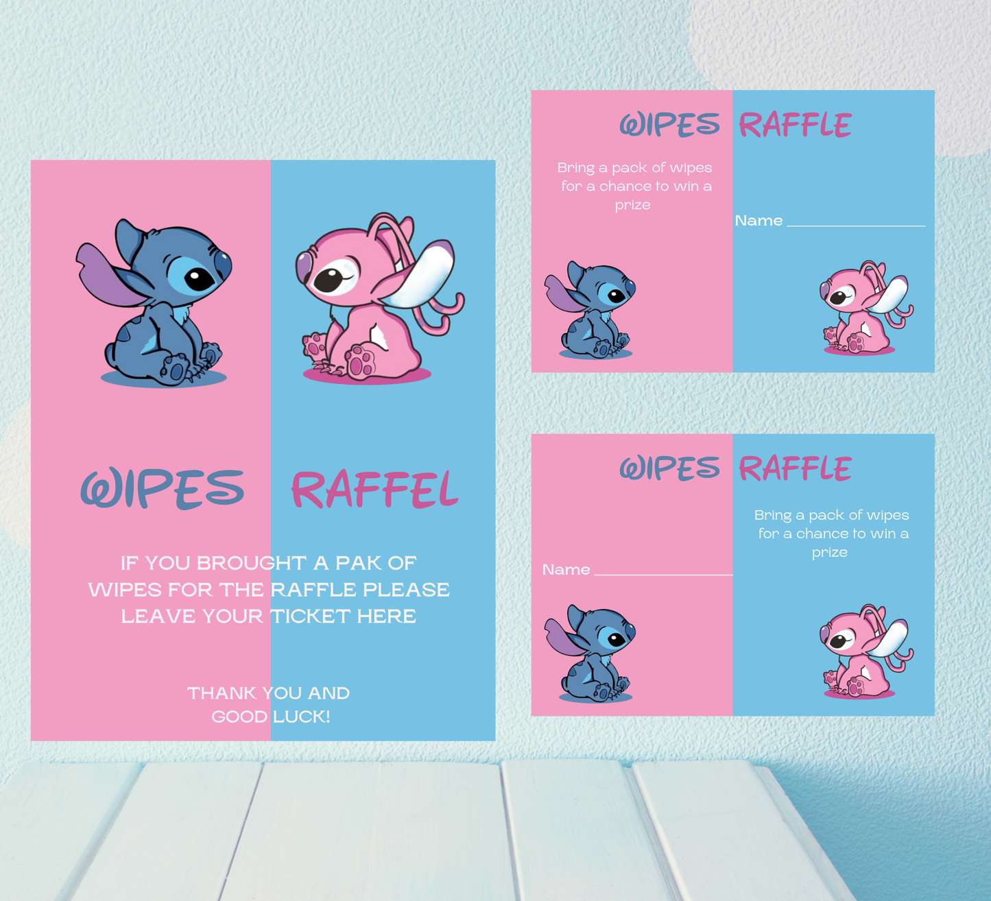 Stitch Gender Reveal Blue & Pink Wipper Raffle Sign + Tickets 💙💗 | Baby Shower Game | Editable Template