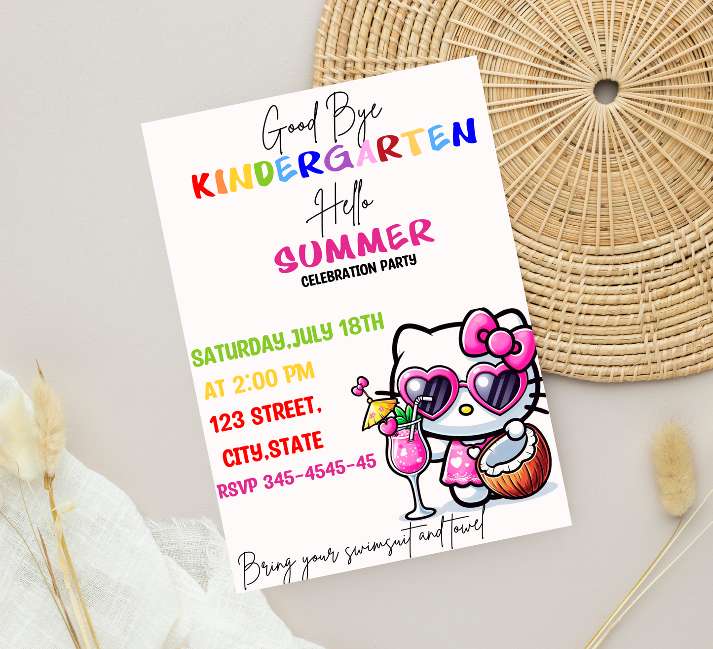 Hello Kitty Goodbye Kindergarten Hello Summer Pool Party Invitation | Cute End of School Invite | Editable Canva Template | Kawaii Summer Swim Invitation