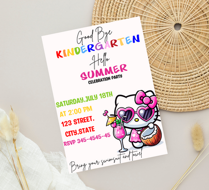 Hello Kitty Goodbye Kindergarten Hello Summer Pool Party Invitation | Cute End of School Invite | Editable Canva Template | Kawaii Summer Swim Invitation