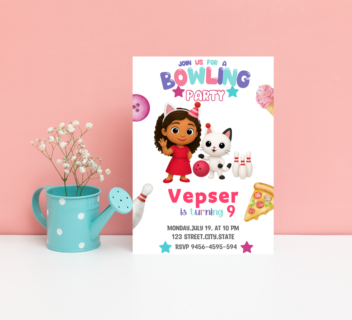Gabby's Dollhouse Bowling Birthday Invitation – Editable Canva Template – Cat-tastic Bowling Party Invite – Kids Summer or Indoor Activity Birthday – Instant Download