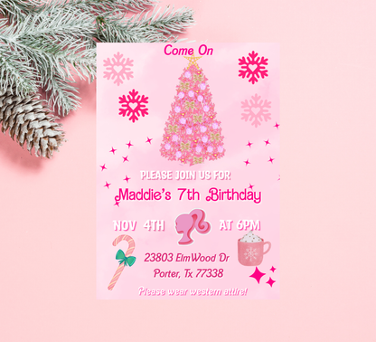 Barbie Pink Christmas Winter Birthday Invitation | Holiday Party | Editable Template