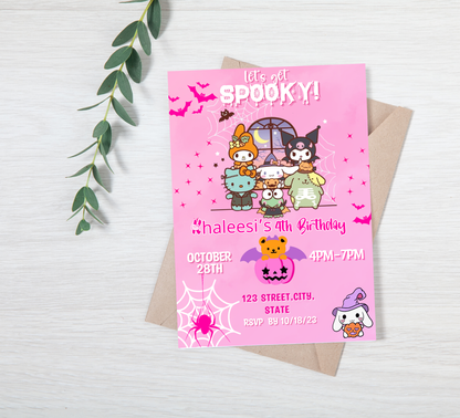 Hello Kitty My Melody Kuromi Pink Halloween Invitation | Kawaii Spooky Birthday Invite | Editable Canva Template | Pastel Goth Party