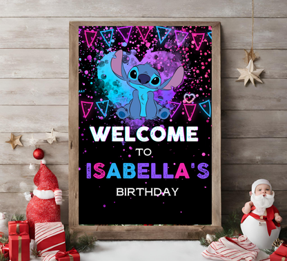 Stitch Neon Birthday Welcome Sign | Glow Party Decor | Editable Canva Template