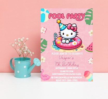 Hello Kitty Pool Pink Birthday Invitation | Editable Summer Pool Party Invite for Girls | Cute & Customizable Hello Kitty Template