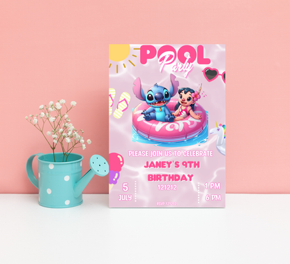 Stitch Pink Pool Birthday Invitation | Tropical Girl's Swim Party Editable Canva Template (Copy)