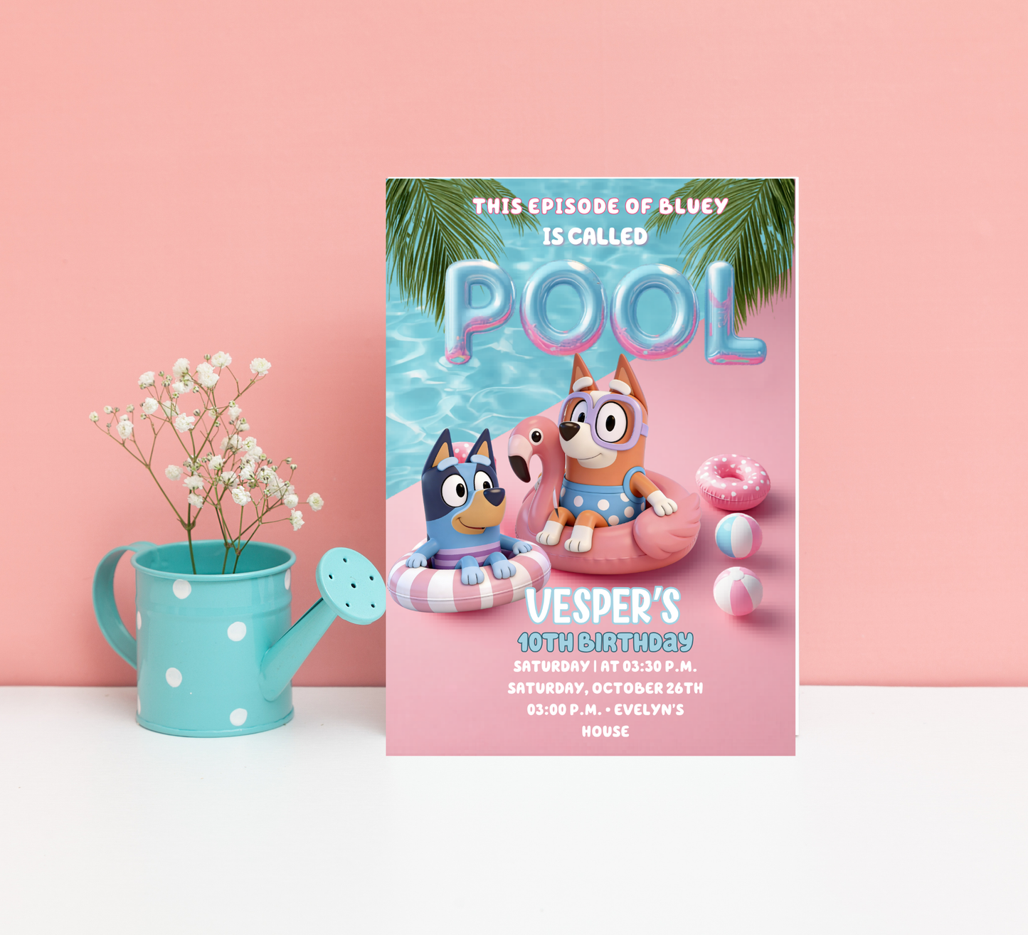 Bluey Pool Birthday Invitation – Editable Canva Template – Bluey & Bingo Swim Party Invite – Kids Summer Splash Birthday Printable – Tropical Heeler Family Pool Bash